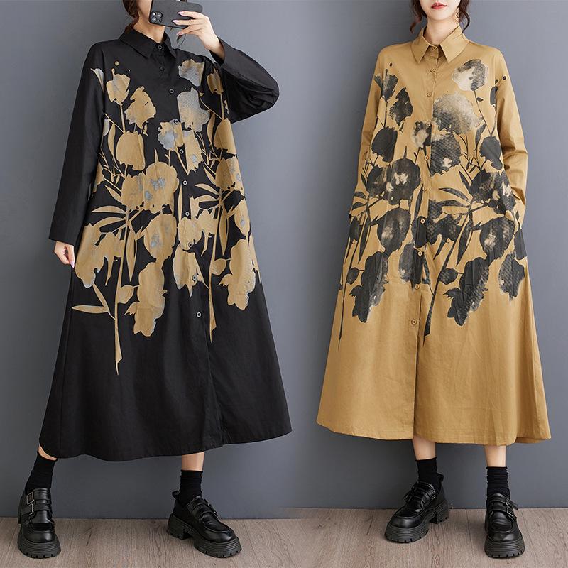 

Spring Autumn Loose Plus Size Patchwork Casual Long Sleeve Shirt Dress One Size чёрный