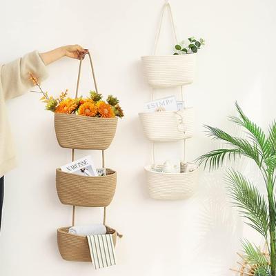 3-Layer Wall Hanging Storage Basket Multipurpose No-Punch Door Storage Pouch Handwoven Hanging Storage Pouches