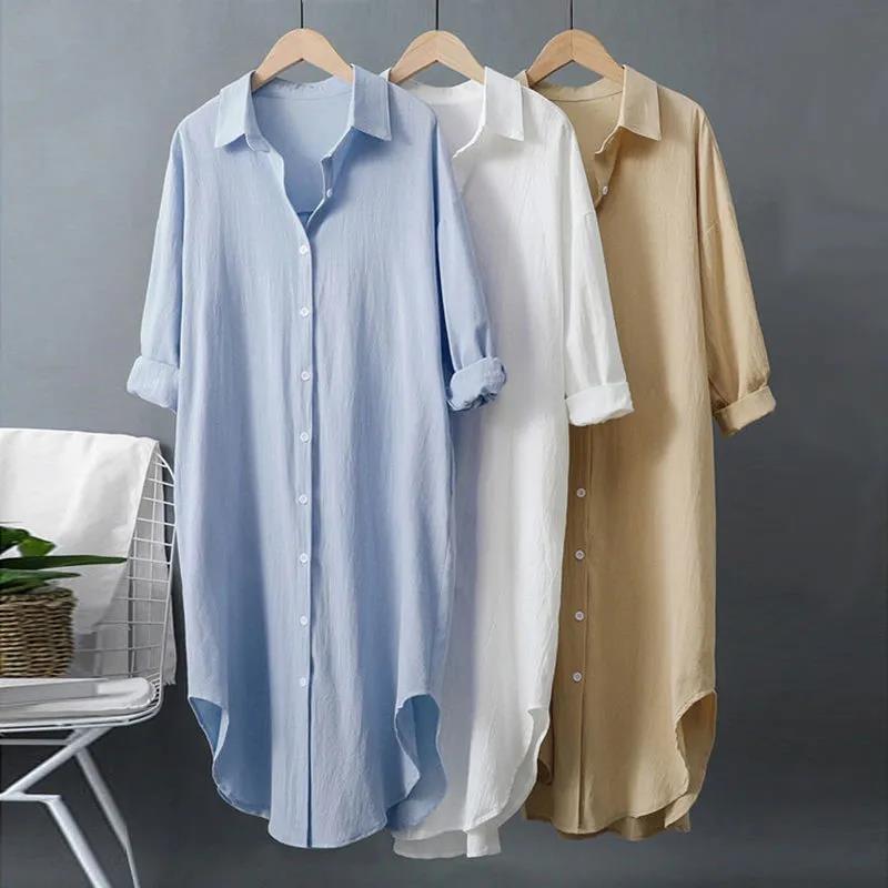 Camicia da donna taglia forte primaverile e autunnale con protezione solare, camicia a taschino media lunga casual ampia