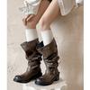 4.5CM Chunky Heel Knee High Boots Women Fashion Wide Calf Pull On With Belt Buckle Versatile Winter