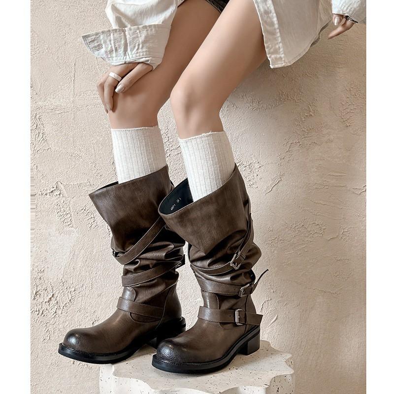 4.5CM Chunky Heel Knee High Boots Women Fashion Wide Calf Pull On With Belt Buckle Versatile Winter