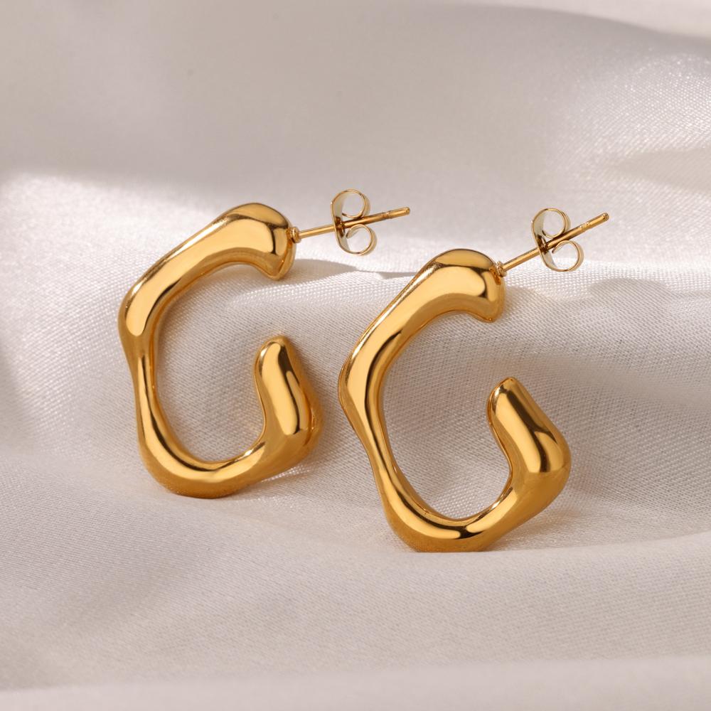 Irregular C Shaped Cute Stainless Steel Stud Earrings For Women Gold Color Wedding Aesthetic Irregular Texture Earring Jewelry