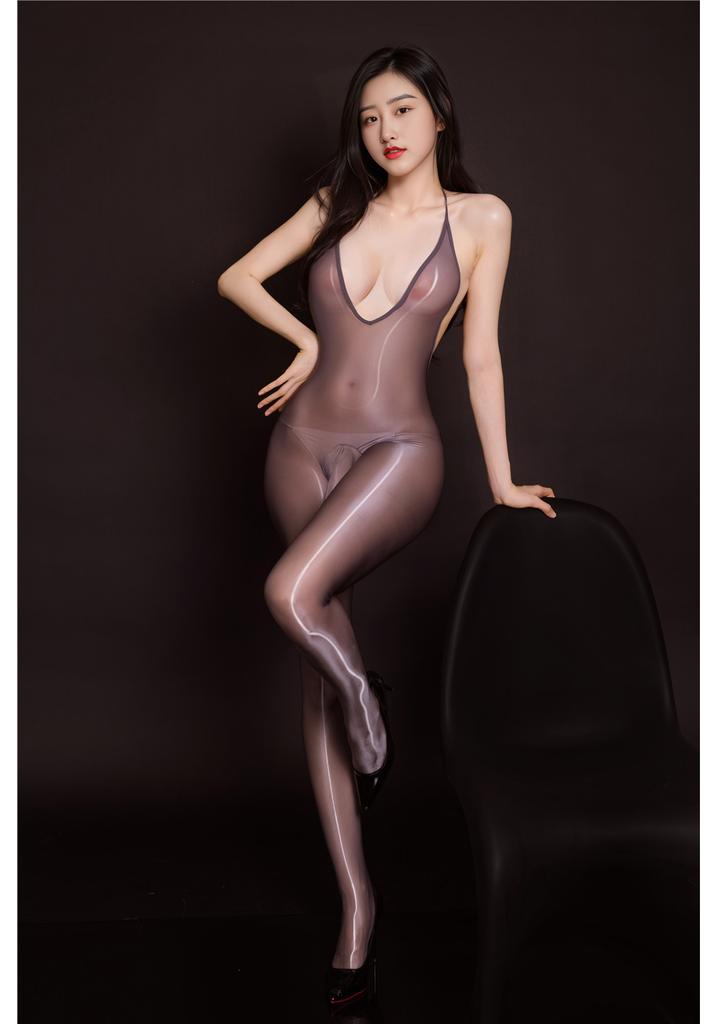 Sexy Women Glossiness Tights Backless Bodysuit Unisex Glossy T-Shirt Yoga Bulge Pouch Elephant Nose Maid Leotard V Neck