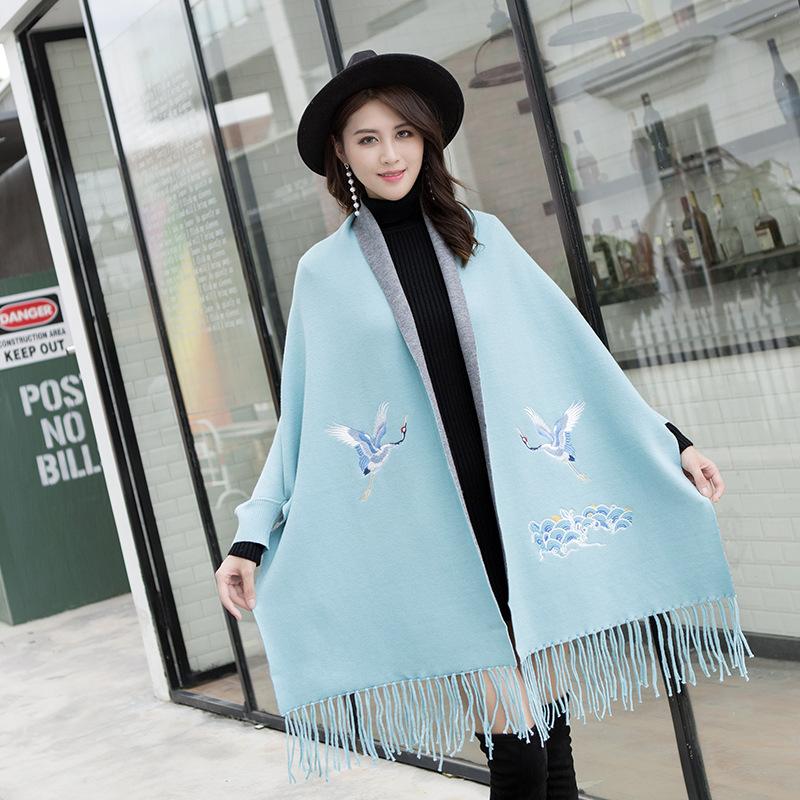 Women's cape shawl with sleeves for autumn and winter, thickened and warm, cashmere embroidered scarf, knitted cape, dual-use coat