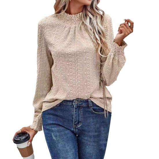 Women Shirt Puff Long Sleeve Stand-Up Collar Soft Stretchy Pullover Tops Hollow Design Casual Tops Office Casual Wear