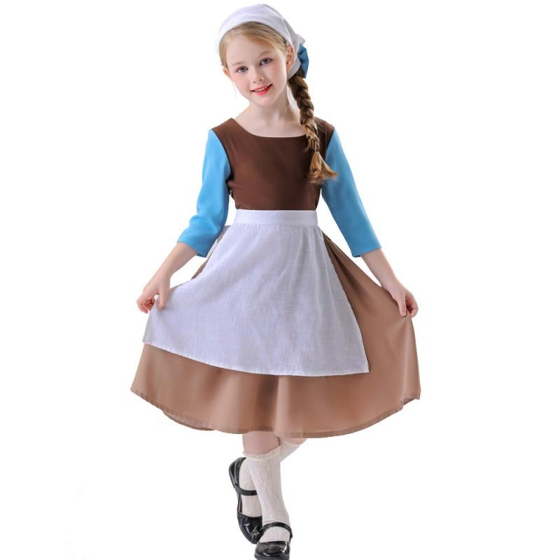 Girls Cinderella Cosplay Dress Medieval Maid Outfit Stage Performance Halloween Party