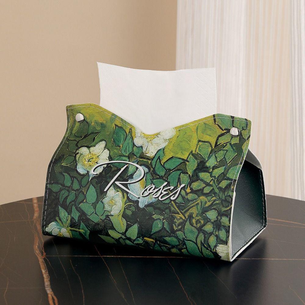 Vintage PU Leather Tissue Box Holder Decorative Oil Painting Paper Tissue Case Durable Napkin Container Bathroom