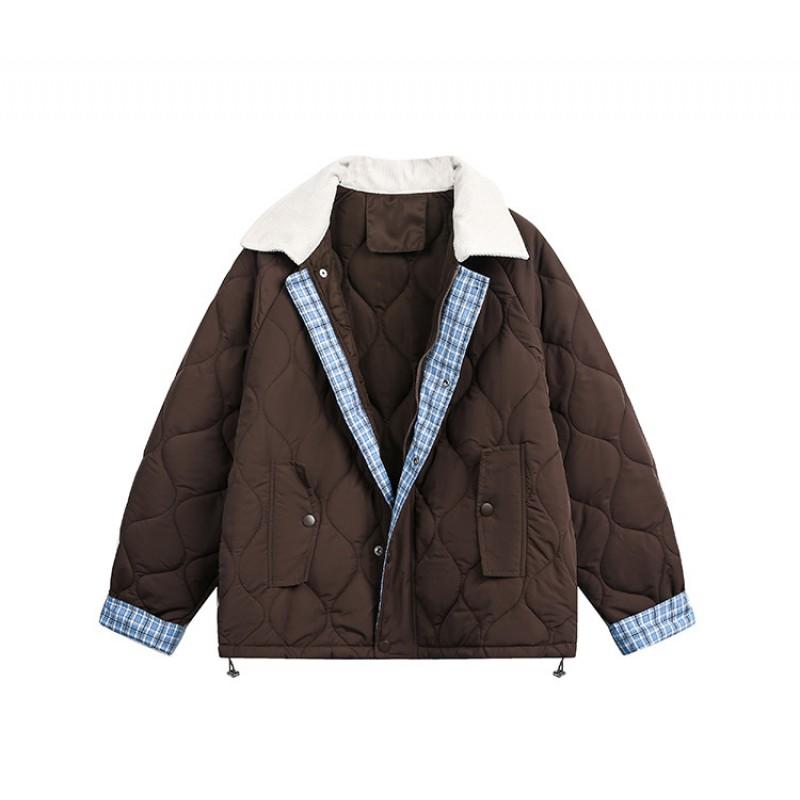 Unisex Retro College Style Quilted Cotton Puffer Jacket With Turn-Down Collar Thick Warm Winter Short Coat Teens Adults