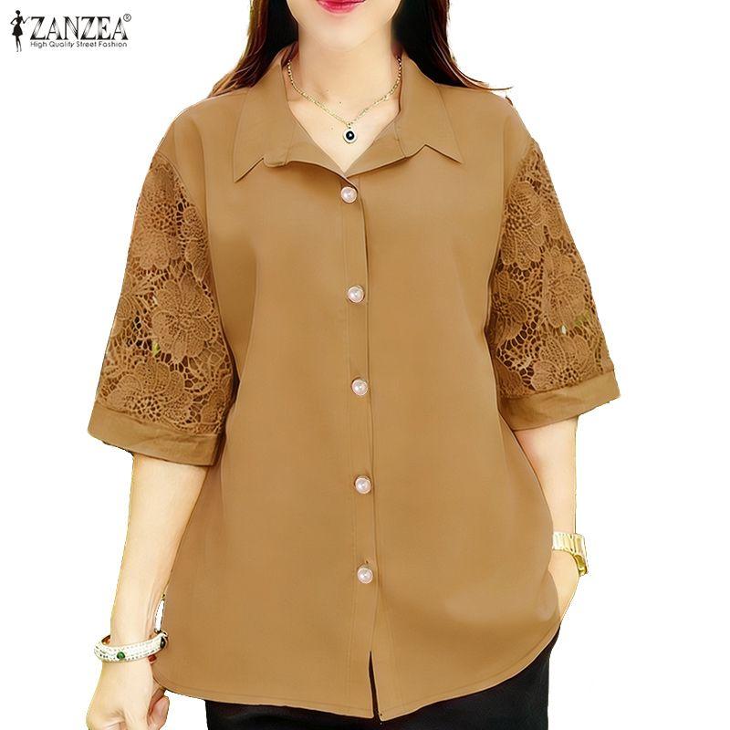 ZANZEA Women Casual Turn Down Collar Lace Splice Half Sleeve Blouse