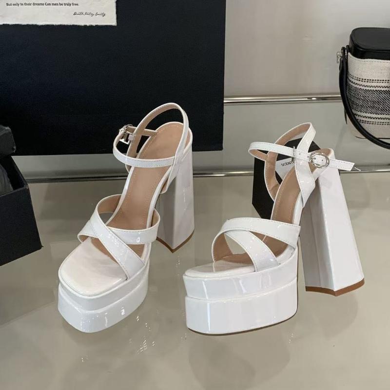 

Модный стиль звезды Модные женские сандалии-гладиаторы на танкетке с двойной платформой Летние сандалии на ультравысоком каблуке 15 см Массивные туфли для вечеринки 35 белый