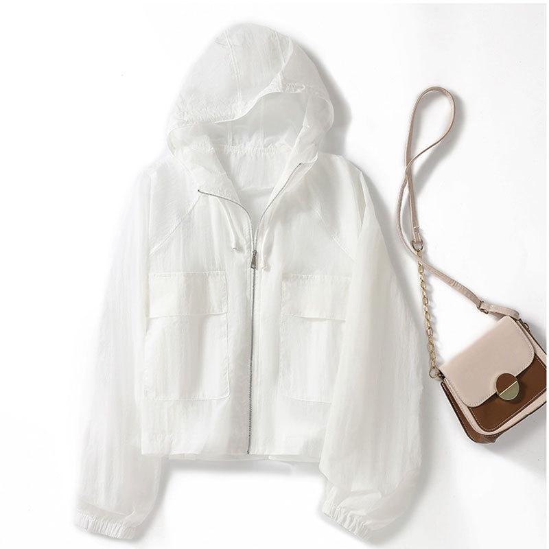 

Women s Lightweight Loose-Fit Hooded Sun Protection Jacket - Summer Casual Long Sleeve Petite Top with Drawstring. M (Under 50 kg) білий
