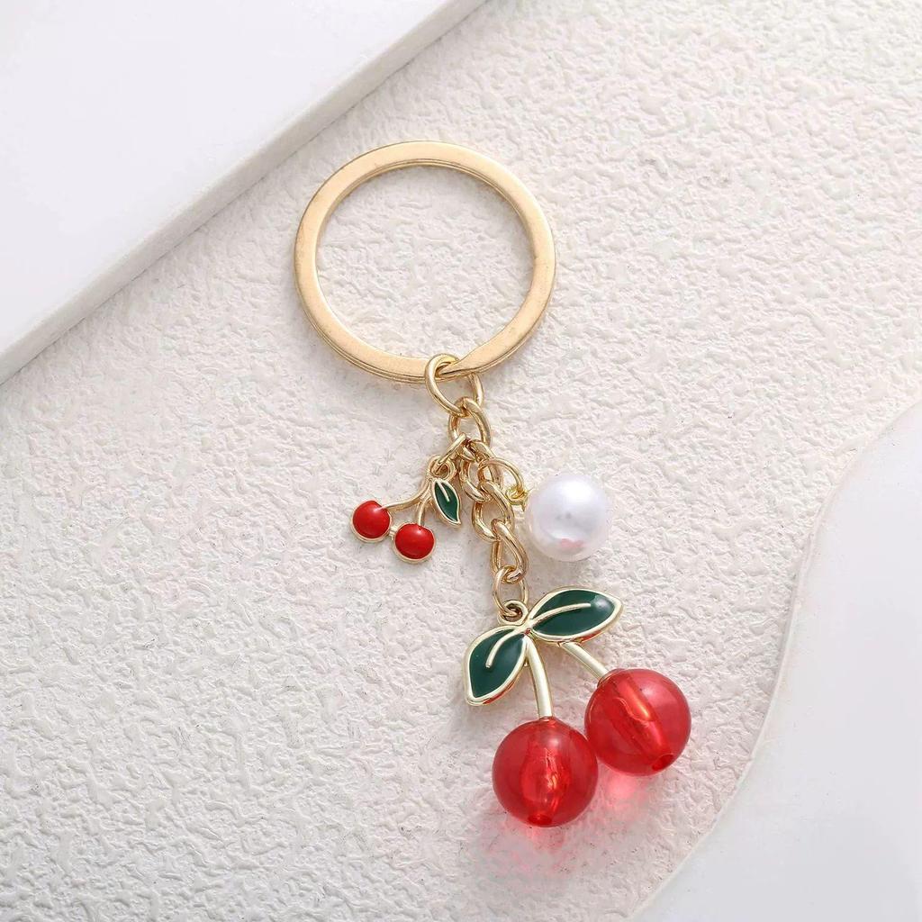 White Black Sweet Cool Cherry Pearl Pendant Keychain for Women - Versatile Student Backpack Ornament