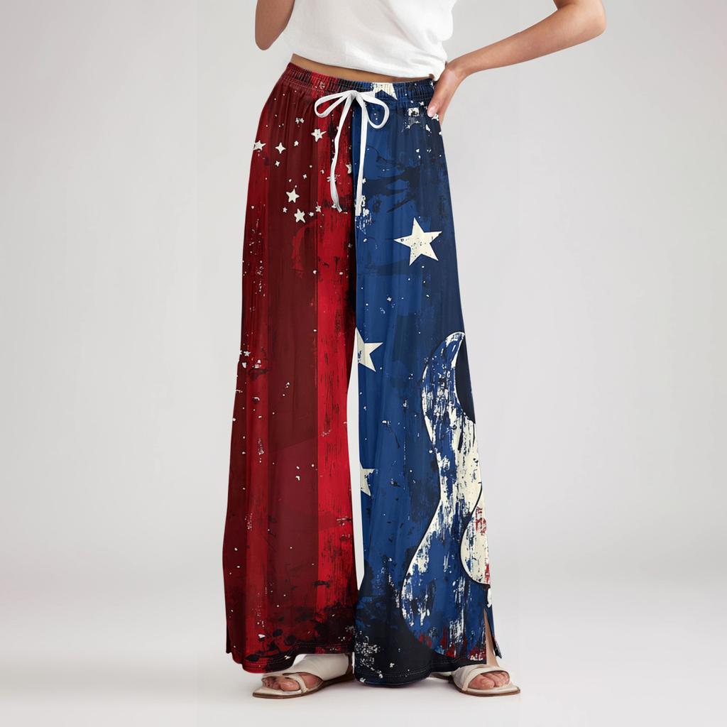 Ladies' loose casual independent day printed wide leg pants with elastic waist drawstring and pocket pants