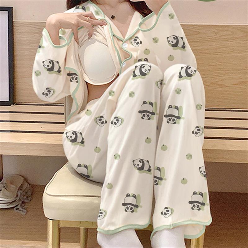 

Мультяжная пижама с нагрудными вкладышами для женщин на весну и осень, тонкий кардиган, длинные рукава, брюки, милый и симпатичный домашний комплект M