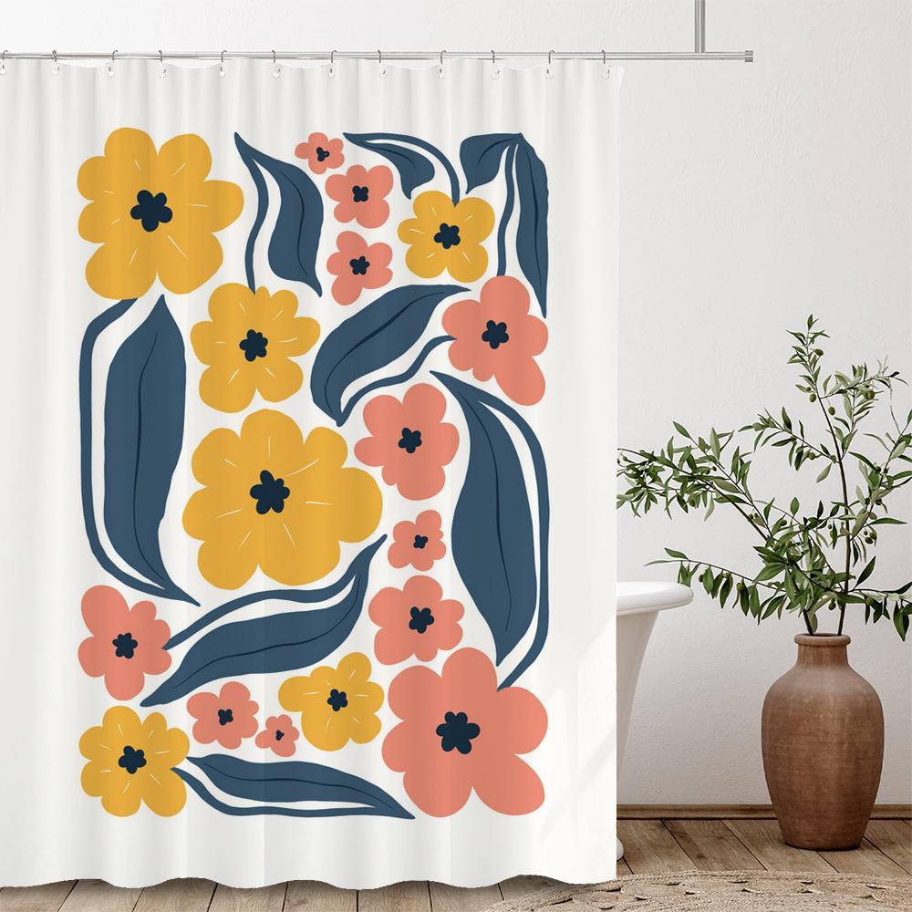 Artistic Abstract Plants and Flowers Print Shower Curtain Polyester Fabric Bath Curtain With Hooks Curtains For Bathroom Decor