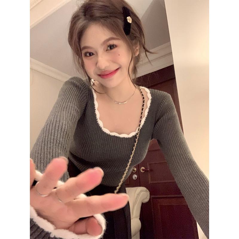 Contrast Collar Lace Bottom Shirt Autumn and Winter Premium Sense Slim Spice Girl Top Trendy Long Sleeve Knitted Sweater Women