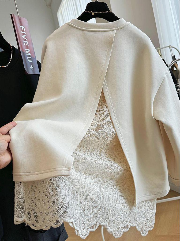 Women's 2024 Lace Splicing Faux Two-Piece Round Neck Sweatshirt - Spring/Autumn Casual Loose Fit