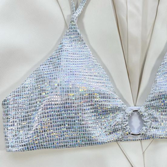 Push Up Adjustable Straps Bikini Set Metal Ring Connection Silver Color Shiny