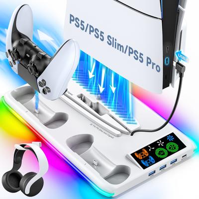 Pro PS5/PS5 Slim/PS5 Pro Stojan s háčkem na sluchátka Chladicí stojan a ovladač Nabíjecí stanice pro PS5 se 3 úrovněmi chladicího ventilátoru