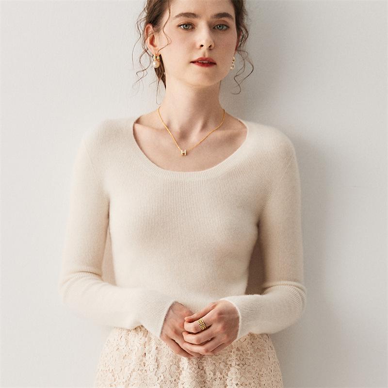 Dames kasjmier trui met U-hals - Geribbelde gebreide slankmakende basislaag voor Herfst/Winter