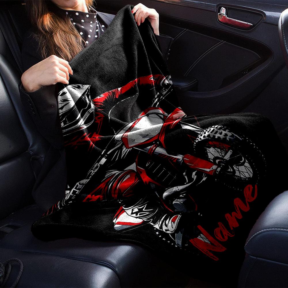 Coperta stampata a tema moto da fuoristrada con nome personalizzato - Perfetta per divano, letto, viaggi e uso all'aperto | Lavabile in lavatrice, accogliente e resistente.