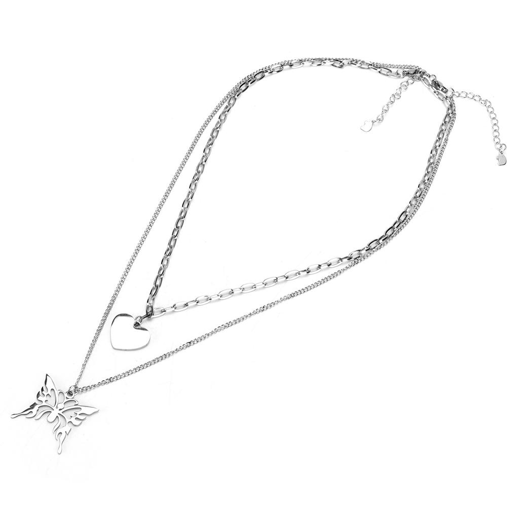 2Pcs Clavicle Necklaces Stainless Steel Hip Hop Style Chains Accessories with Heart Butterfly Pendants