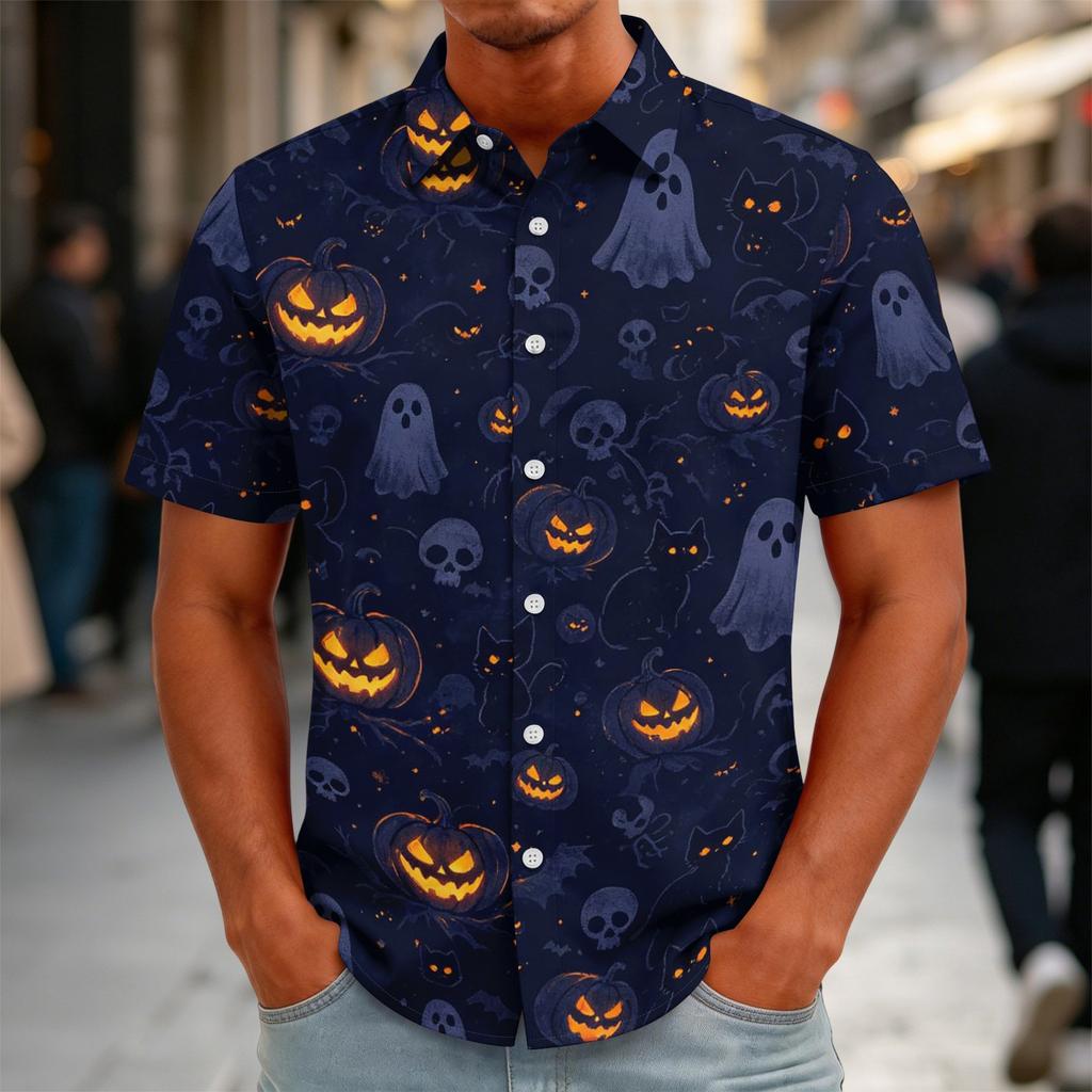 Men's Halloween Print Vintage Button Down Cardigan Shirt - Loose Fit Breathable Summer Casual Streetwear Top
