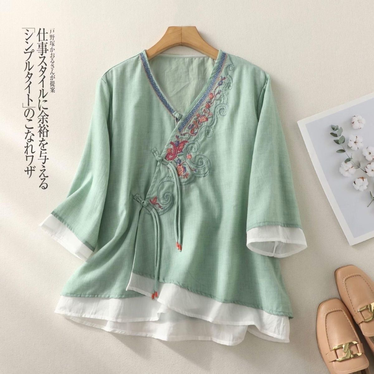 

Summer new ethnic embroidered cotton and linen medium-sleeved top loose diagonal placket button-up shirt retro zen tea clothes M світло-зелений колір