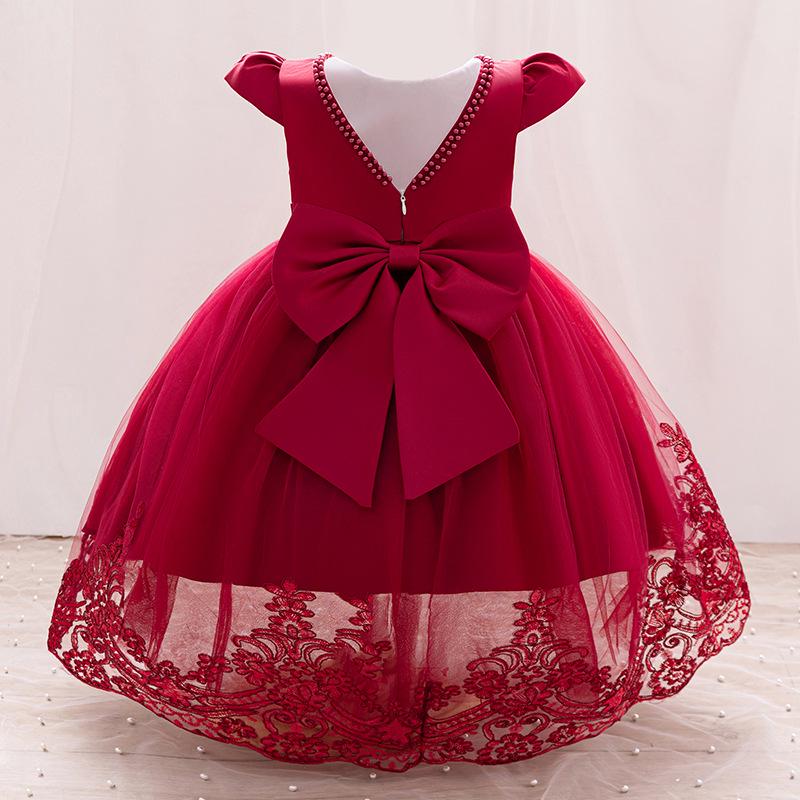 

Платье принцессы для девочек с бантом, рукавами-крылышками, хвостом и пышной юбкой - свадебный наряд для девочки-цветочницы 100 cm малиновый