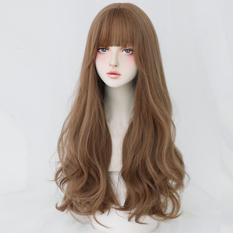 7jhh Wigs Honey Brown Wigs With Neat Bangs High Density Synthetic Loose Brown Hair Wig For Women Daily Use Beginner Friendly