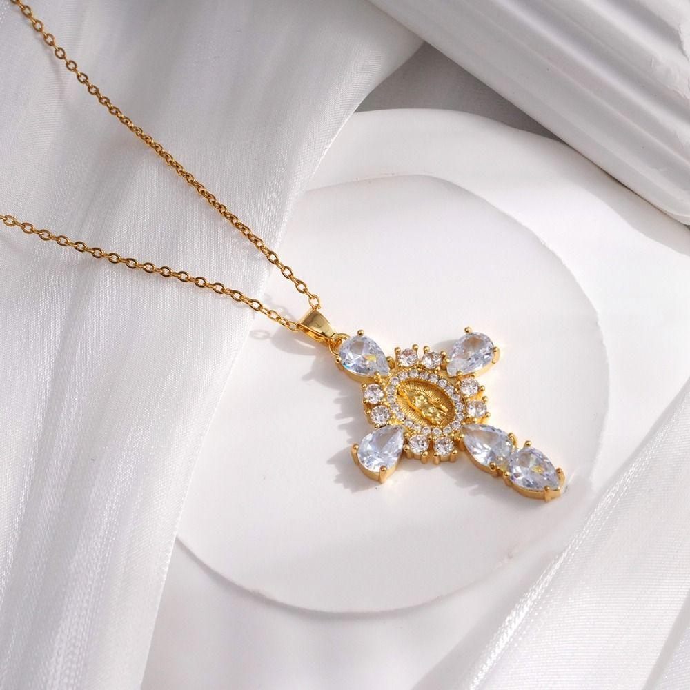 Light Zircon Cross Necklace Retro European Style Crucifix Pendant Chain  Church