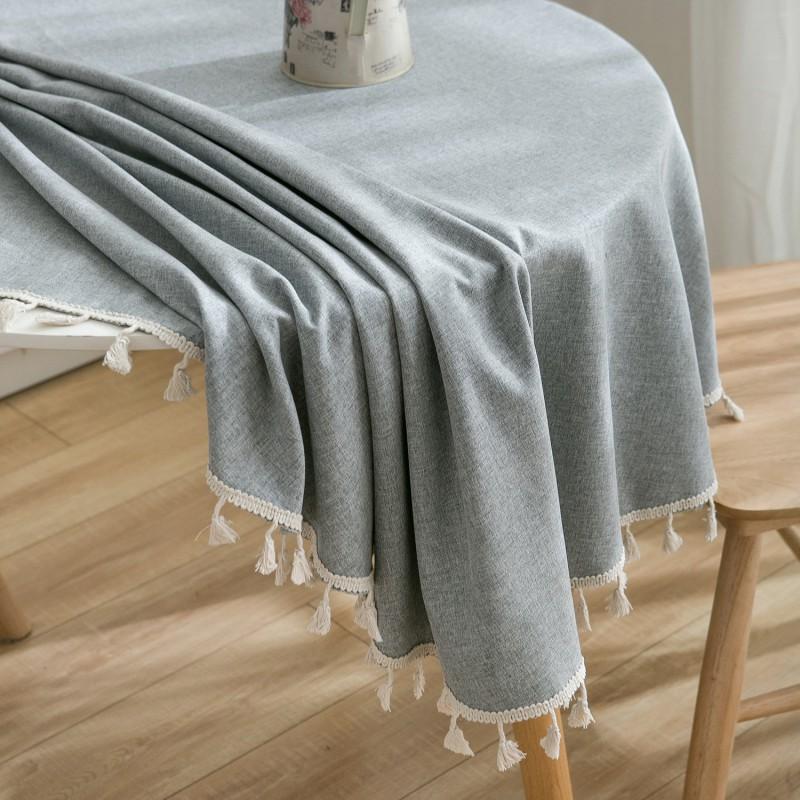Cotton Round Tablecloth Gray With Beige Trim Modern Minimalist Dining Table Cover Cafe Home Decor