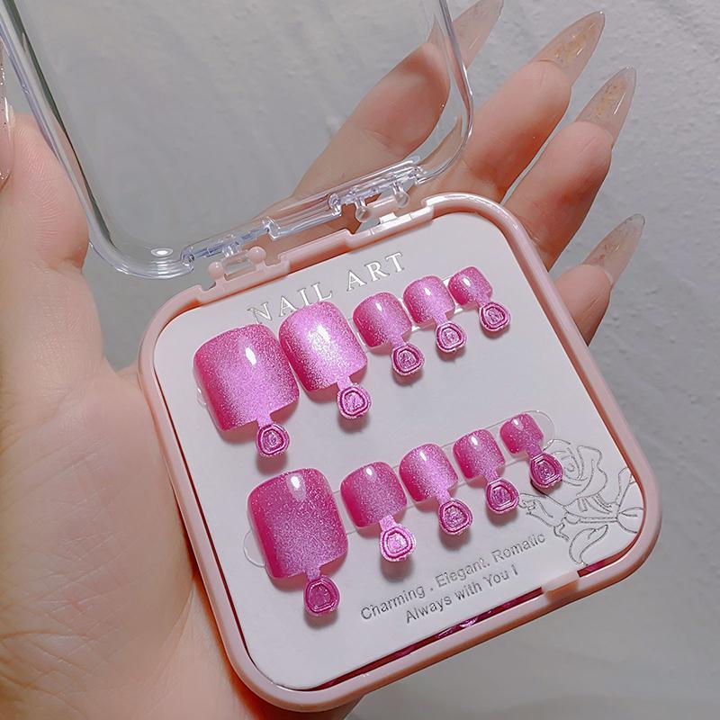 10Pcs/Box  Cat Eye Shining Diamond Toe False Nail Handmade Wearing Armor Short Press On Nails For Toes Faux