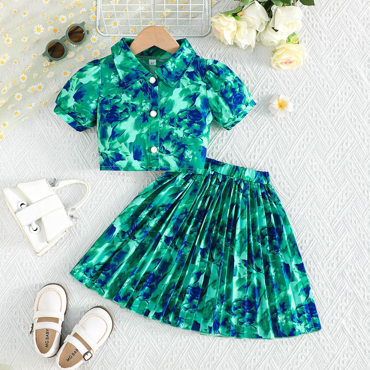 

Kids 2-Piece Tie-Dye Outfit, Puff Sleeve Button Crop Top with Pleated Skirt 2-3Y cal поли зеленый