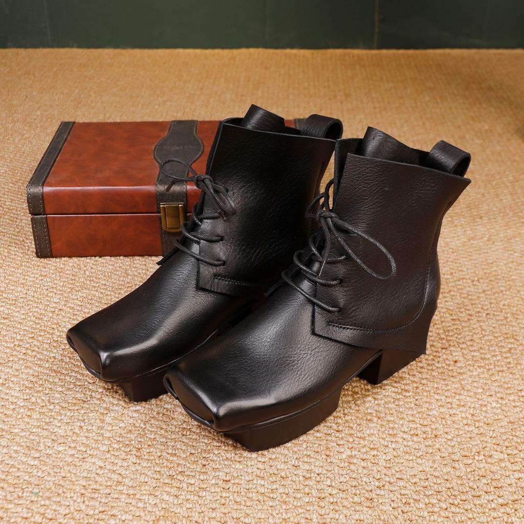 Johnature Square Toe Thick Heel Short Boots Genuine Leather Lace-up Women's Fashion Platform Boots