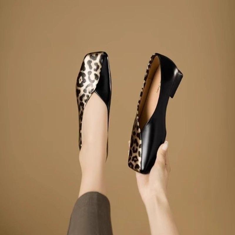 Cowhide Clear Goods Genuine Leather Retro Square Head Leopard Print Single Shoes Women's Spring and Autumn New Thick Heel Small Leather Shoes