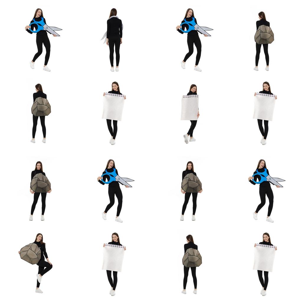 Kreatives und verspieltes Halloween-Kostüm im Schere-Stein-Papier-Stil für Bars und Bühnenshows