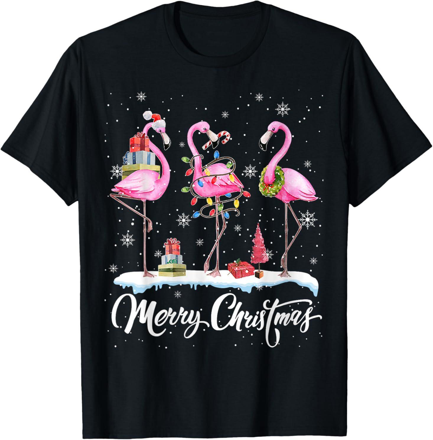 Merry Christmas Hat Santa Flamingo Light Christmas Snow T-Shirt Mens Womens Tees Top L