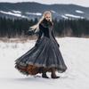 Women's Stand Collar Long Sleeve Velvet Maxi Dress A Line High Waist Vintage Lace Trim Evening Dress