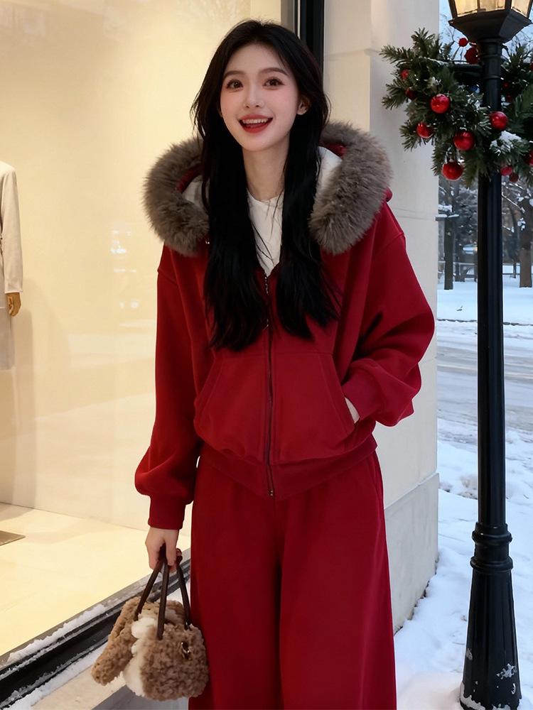 2026 Autumn Winter Women's Elegant Casual Velvet Hoodie and Pants Set