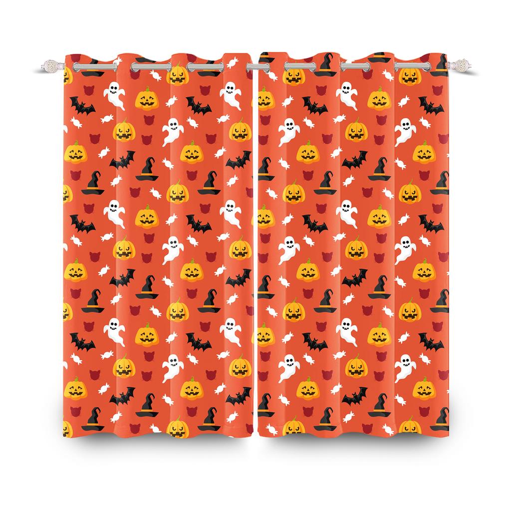 2pcs/set Horror Halloween Window Curtain Bat Spider Pumpkin Ghost Haunted House Home Decor Blackout Polyester Fabric Curtains