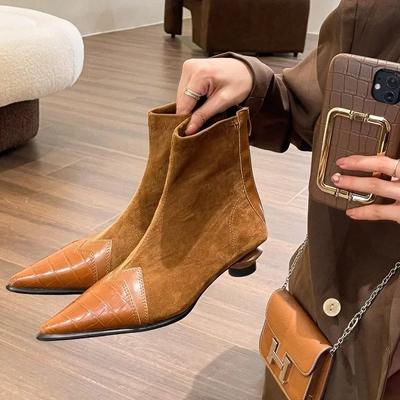 Retro Women Pointed Toe Low Heels Ankle Boots Patchwork Leather Shallow Stretch Kitten Heels Ladies Autumn Winter Short Boots