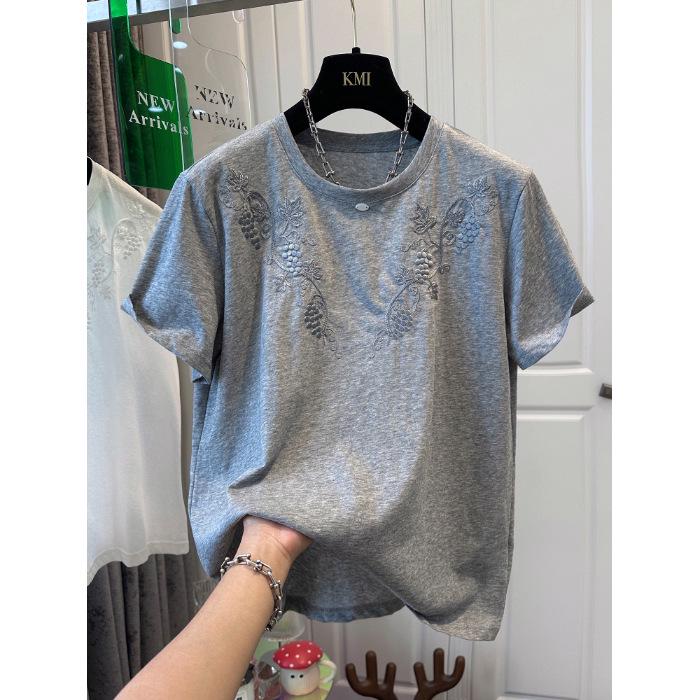 Pure Cotton Embroidered Plus Size Round Neck Short Sleeve T-Shirt for Women, Loose and Fashionable Summer Top