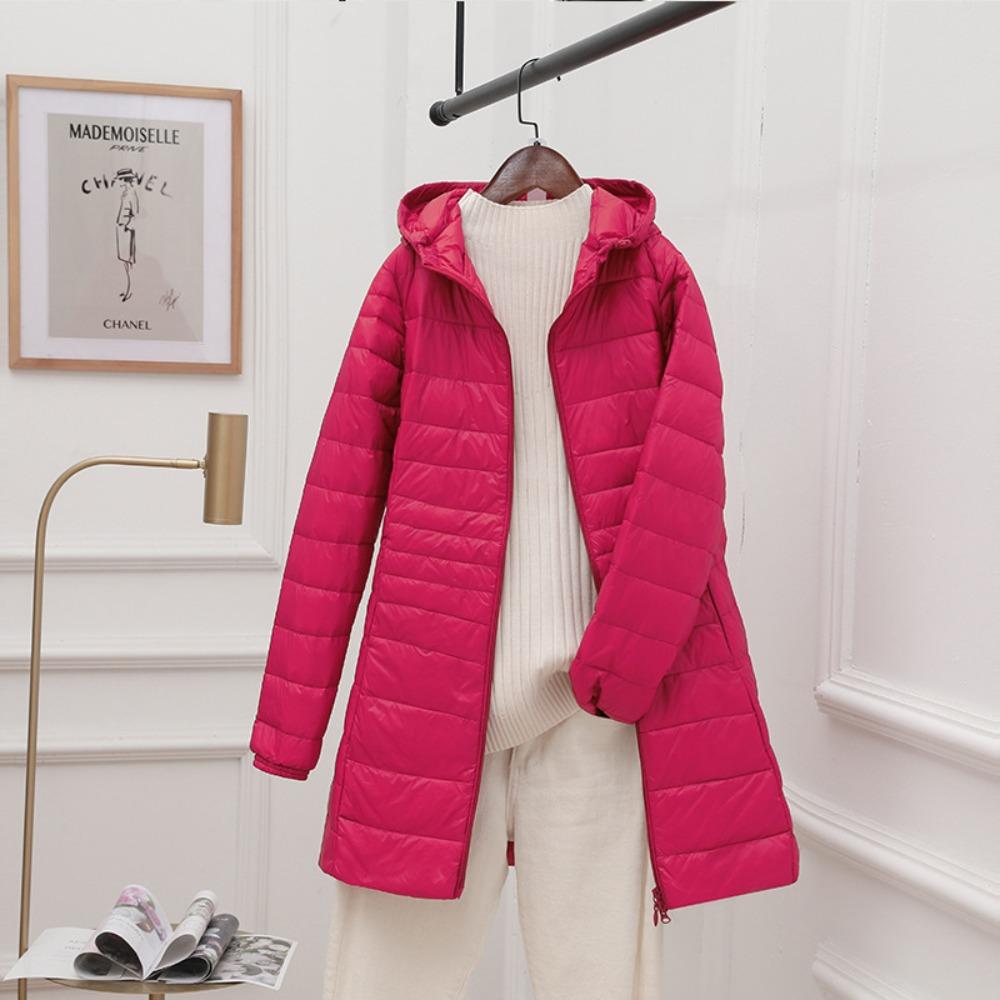 Women's Lightweight Hooded Down Jacket - Mid-Length Slim Fit Lightweight Fall/Winter Lightweight Plus Size Coat