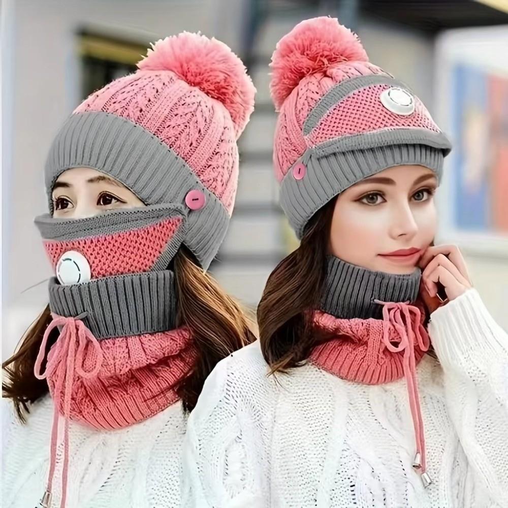 Comfortable Thick Fleece Beanie Hat Scarf Soft Plush Breathable Scarf Cap Keep Warm Winter Hat Mask Women