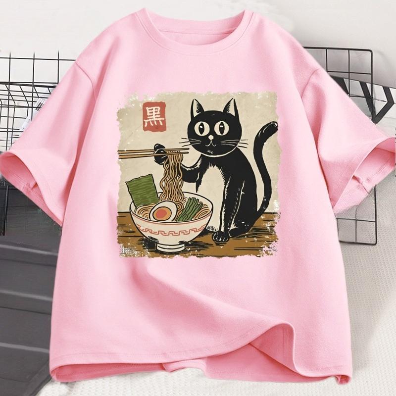 Funny Black Cat RaUnisex Tshirt Unisex Women Japanese Graphic Tees Kawaii Cat Anime Print T Shirt Casual Short Sleeve Unisexs Clothes