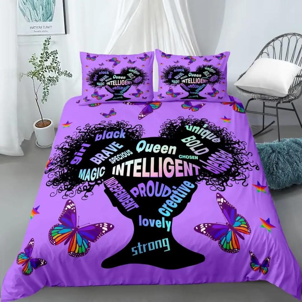 American Black Girl Duvet Cover SetBlack Girl Magic Bedding Set Full SizeCute Little Afro Black Princess Comforter Cover Sets