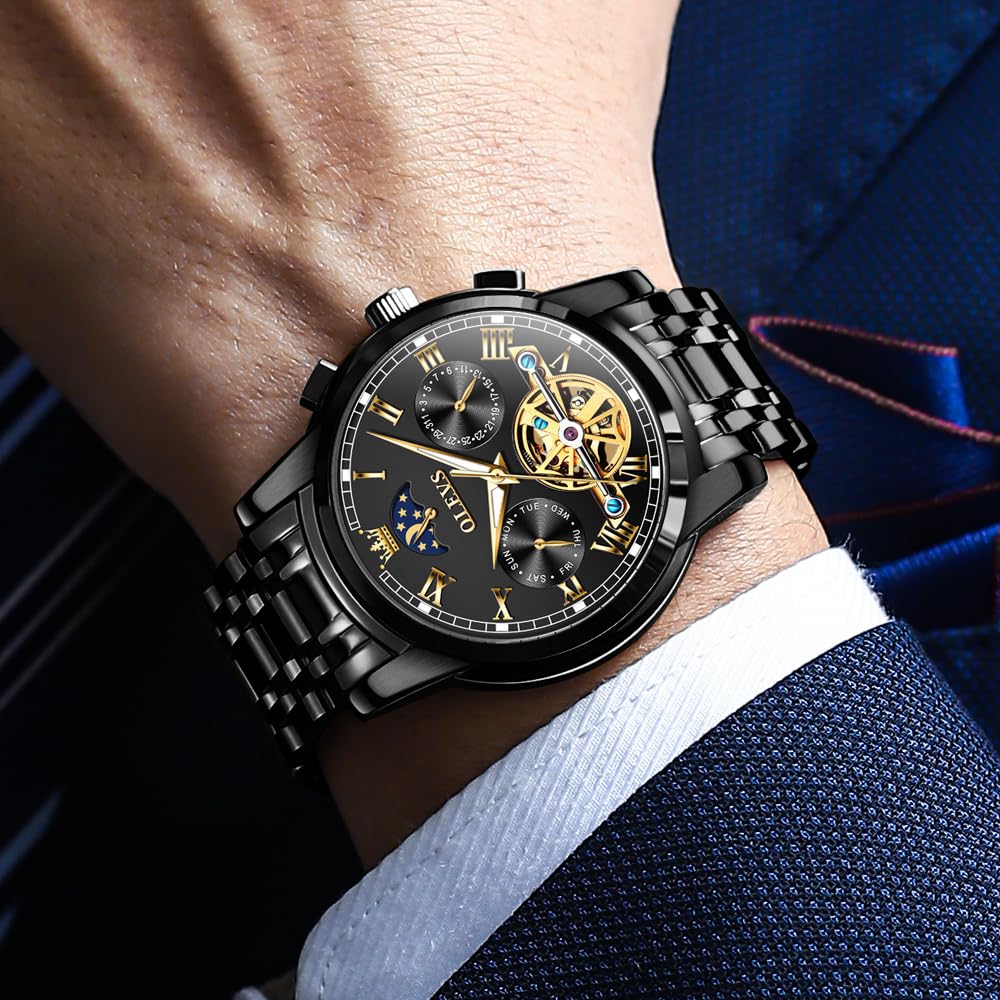 OLEVS Mechanical Automatic Watch with Moon Stylish Skeleton Luminous Hands Men's Phase, Design, Waterproof,