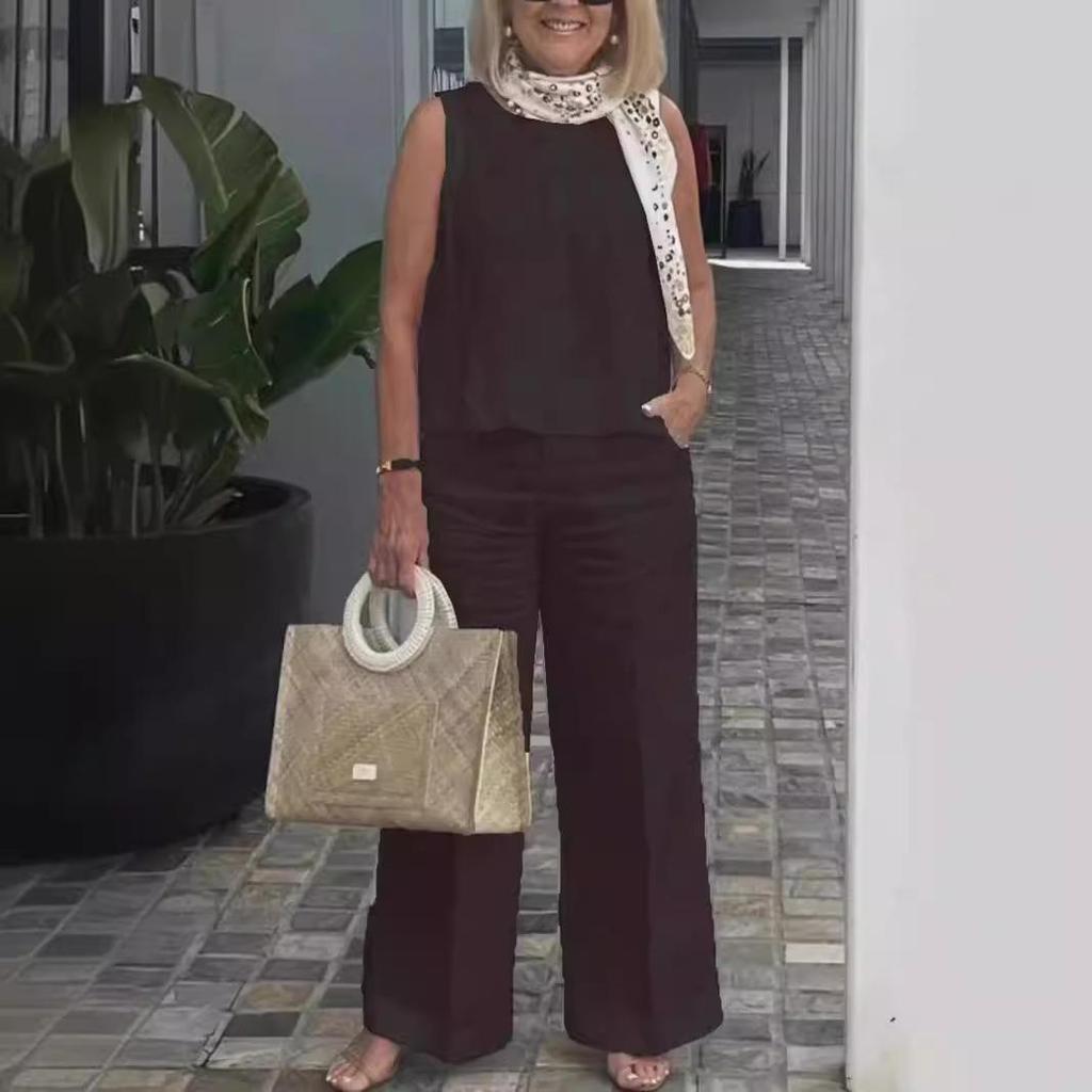 Damenanzüge Sommermode Ärmellose lockere Bluse Weitbeinige Hose Zweiteilige Sets für Damen Freizeitoutfits