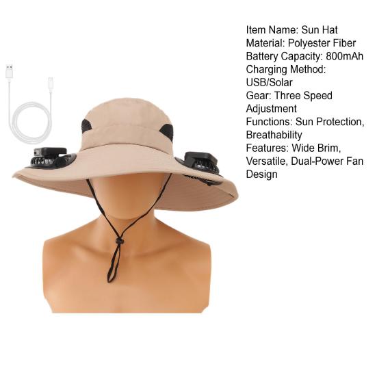 Outdoor Hat with Dual Power Supply Wide Brim Sun Hat with Built-in Solar Fan Fishing Hiking Gardening Hat
